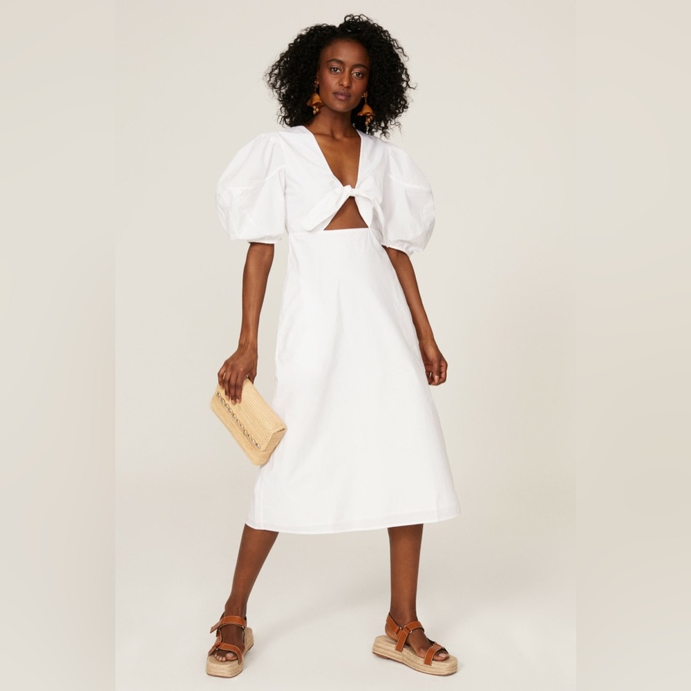 RHODE Greer Dress Womens 6 Crisp‎ White Cutout Midi Short Sleeve Cotton Poplin